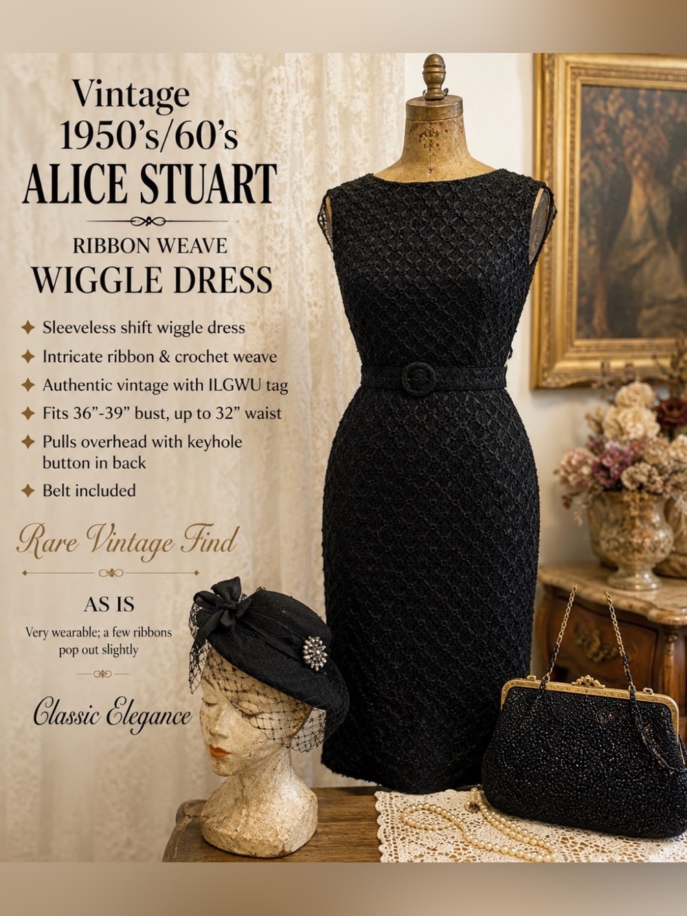*Gorgeous vintage 50’s/60’s - black sleeveless, wiggle dress by Alice Stuart